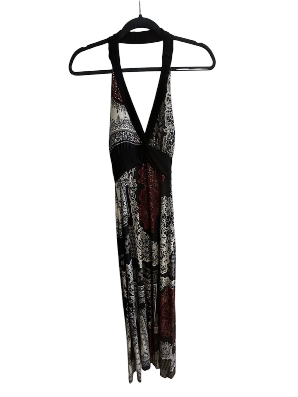 Y2K Black and Red Halter Maxi Dress SZ XS/S Goth Vampire Paisley Print 2000s